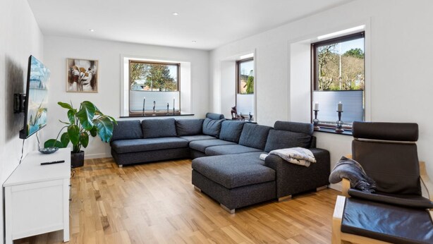 Una sala moderna con un sofá modular, un televisor de pantalla plana, una mesa de centro y una planta.