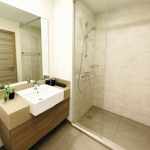 Shower, hair dryer, bidet, towels