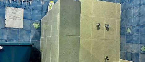 Douche, serviettes fournies, savon, shampooing