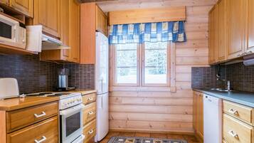 Fridge, microwave, dishwasher, cookware/dishes/utensils