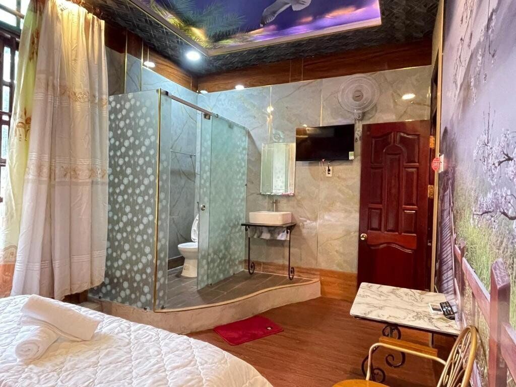 Camera d'albergo con un letto, una doccia con porta in vetro, un lavandino, una TV e una porta.