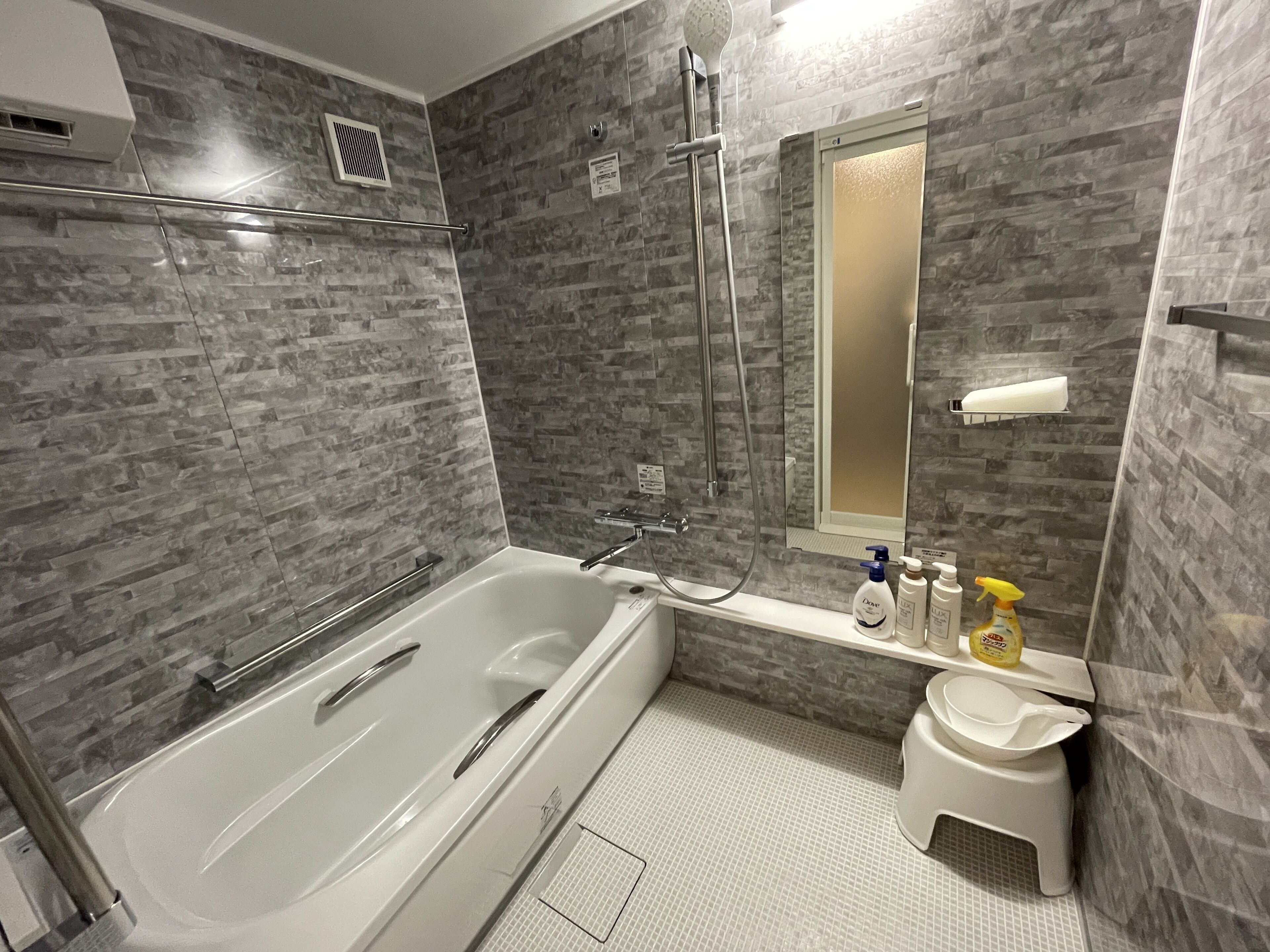 A modern bathroom with a large bathtub, a shower, and a toilet.