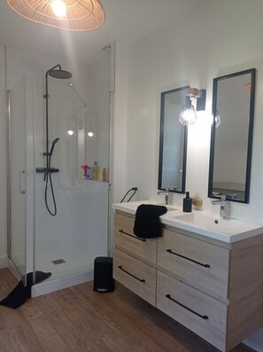 Shower, hair dryer, bidet, towels