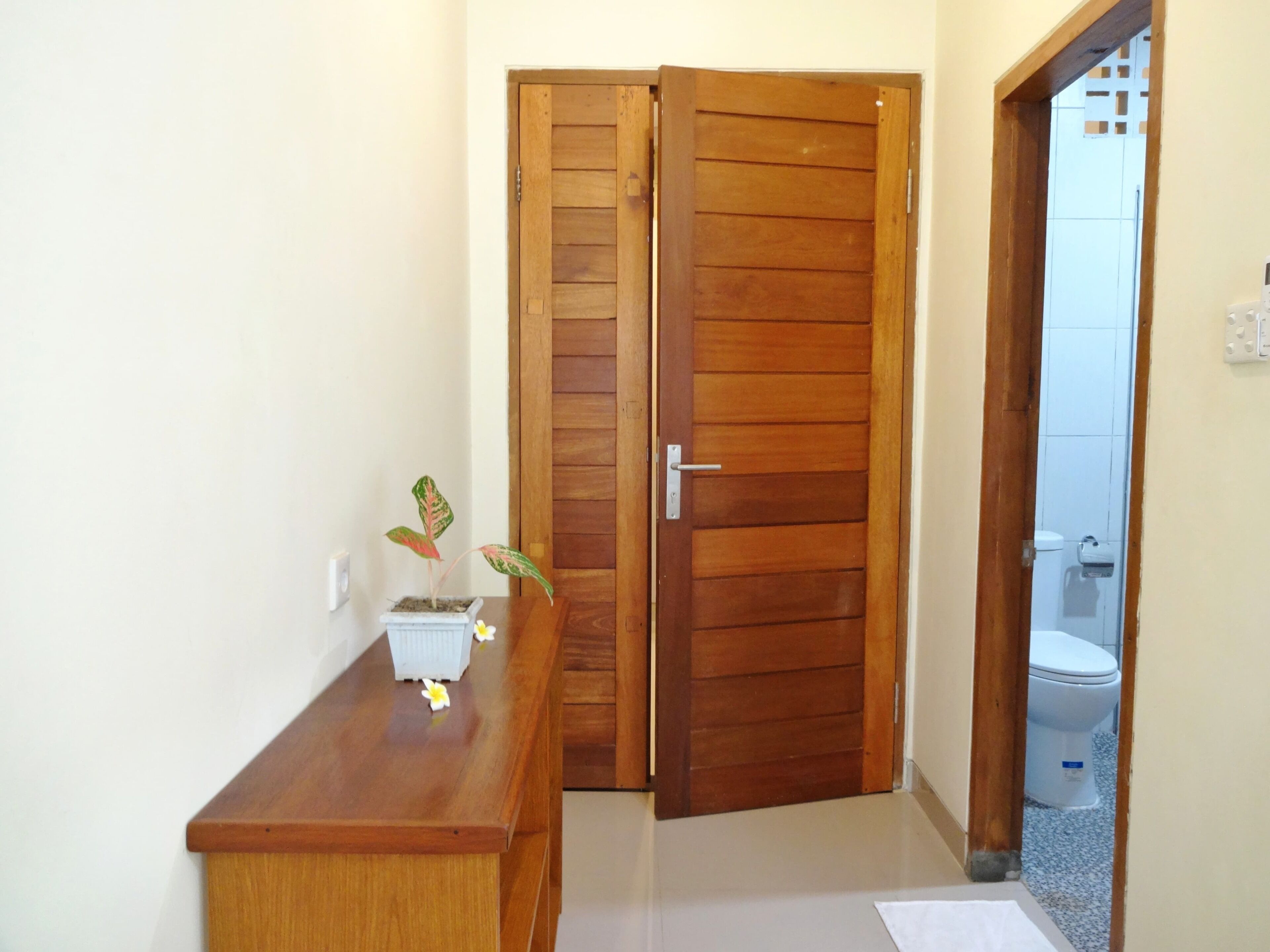 A wooden door with a handle, a small potted plant on a wooden table, and a glimpse of a bathroom with a toilet.