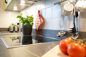 A modern kitchen with a black countertop, a potted plant, and a hanging pot holder. - Ferienwohnung "urlaubsglück" für 2 Personen (Niendorf/Ostsee)