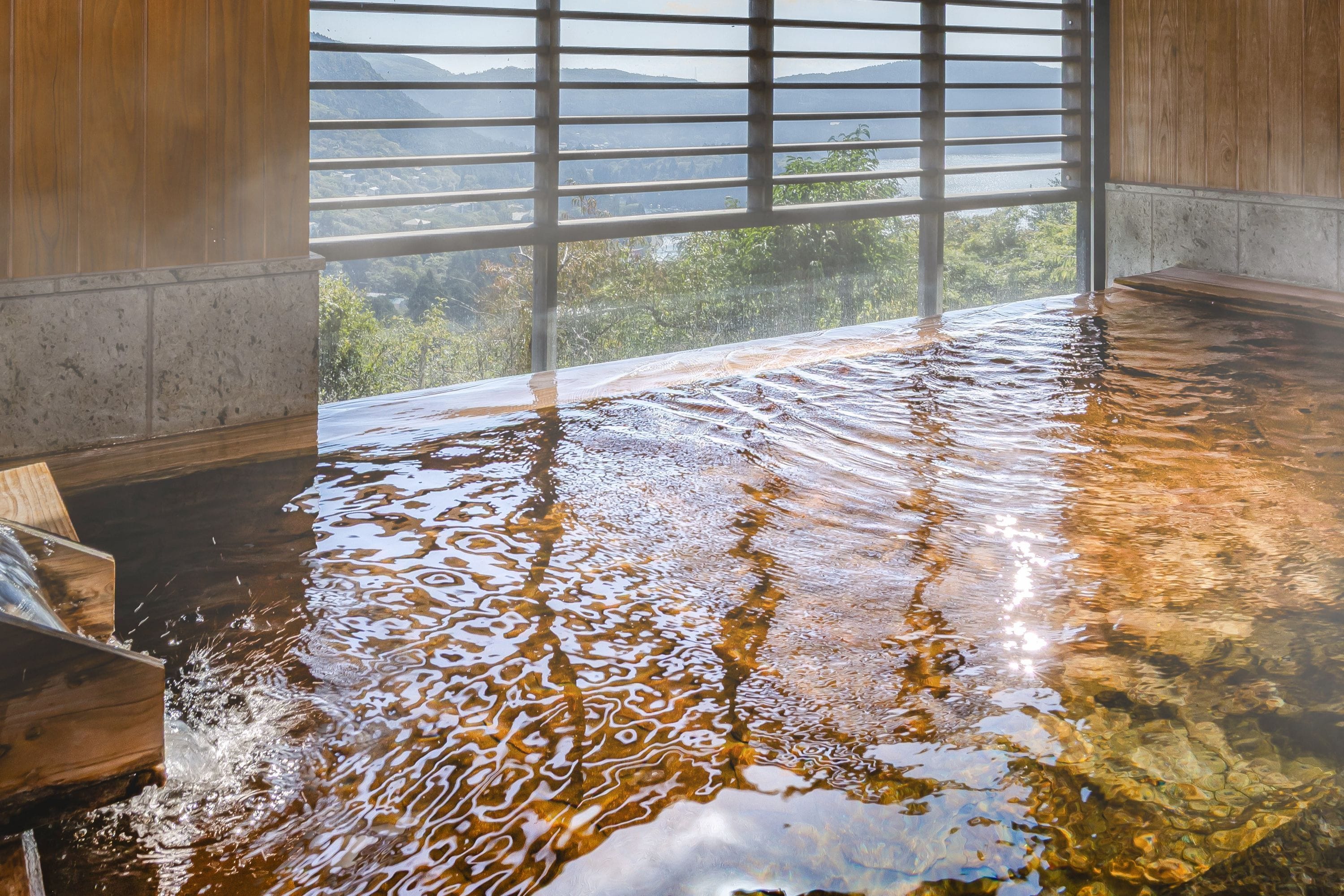 A hot spring bath with a view of a mountainous landscape through a window.