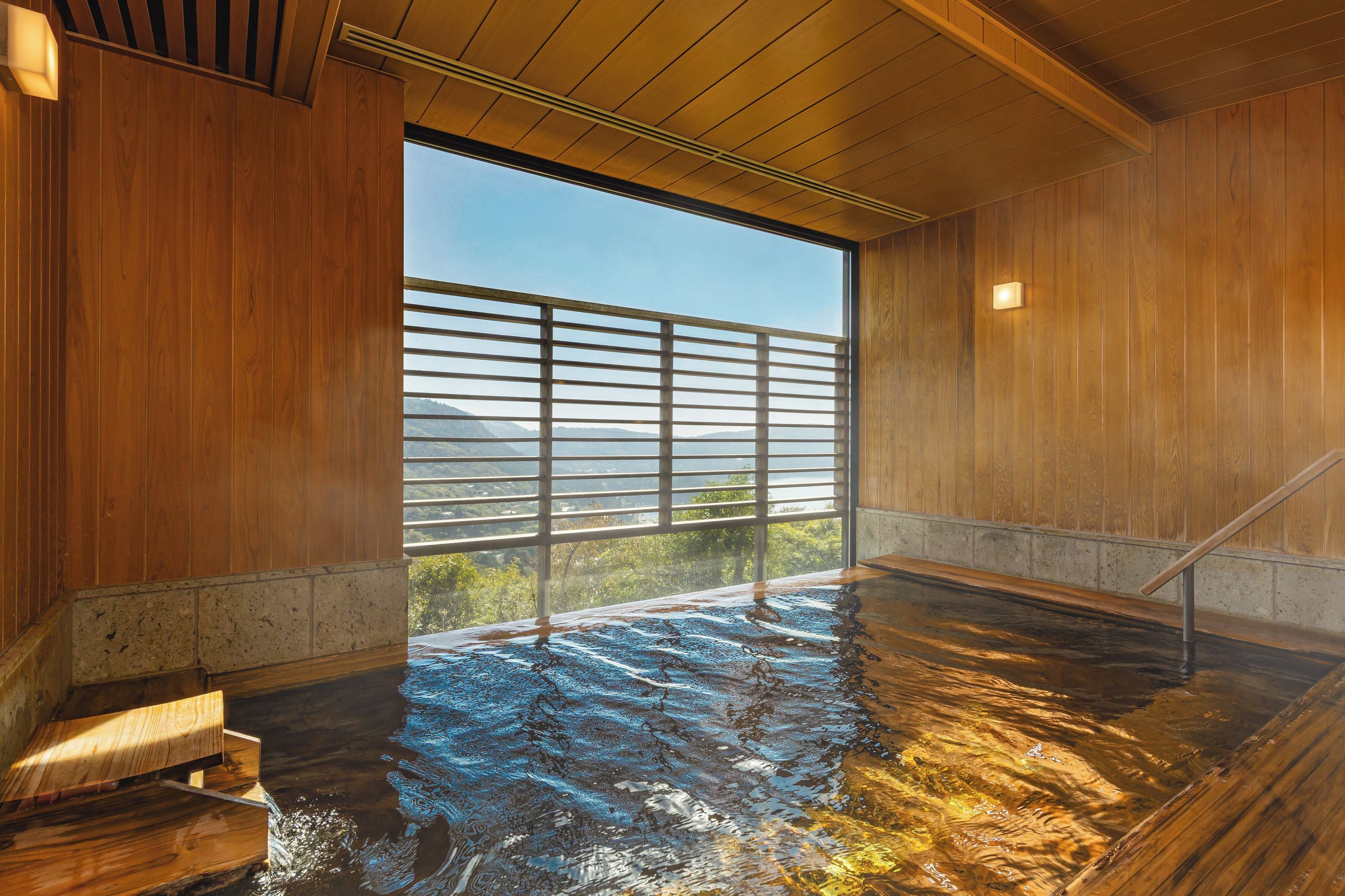 A wooden interior with a large window, a hot spring bath, and a view of a mountainous landscape.