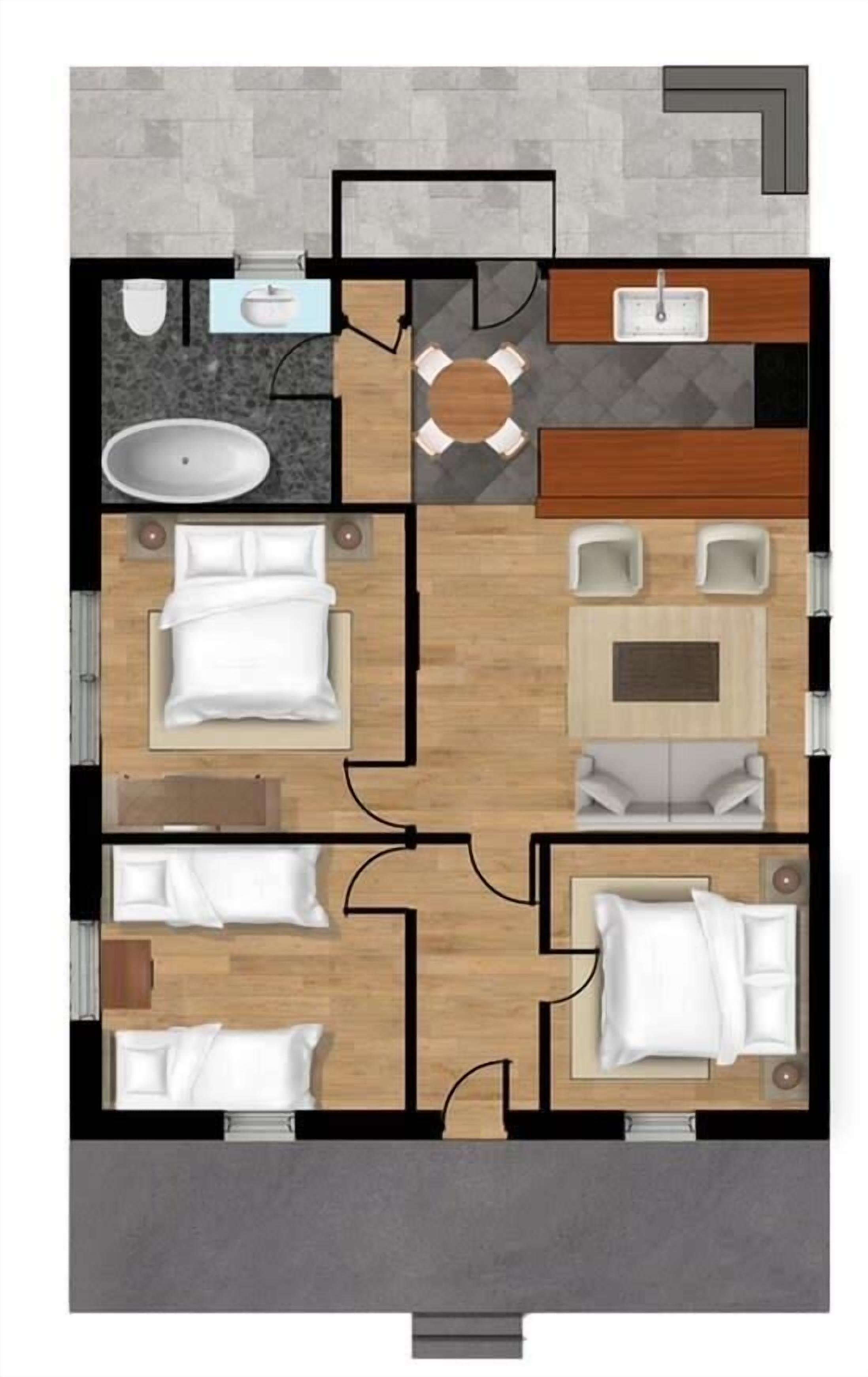 Distribución de una habitación de hotel con una cama, dos zonas de estar, una kitchenette y un baño.