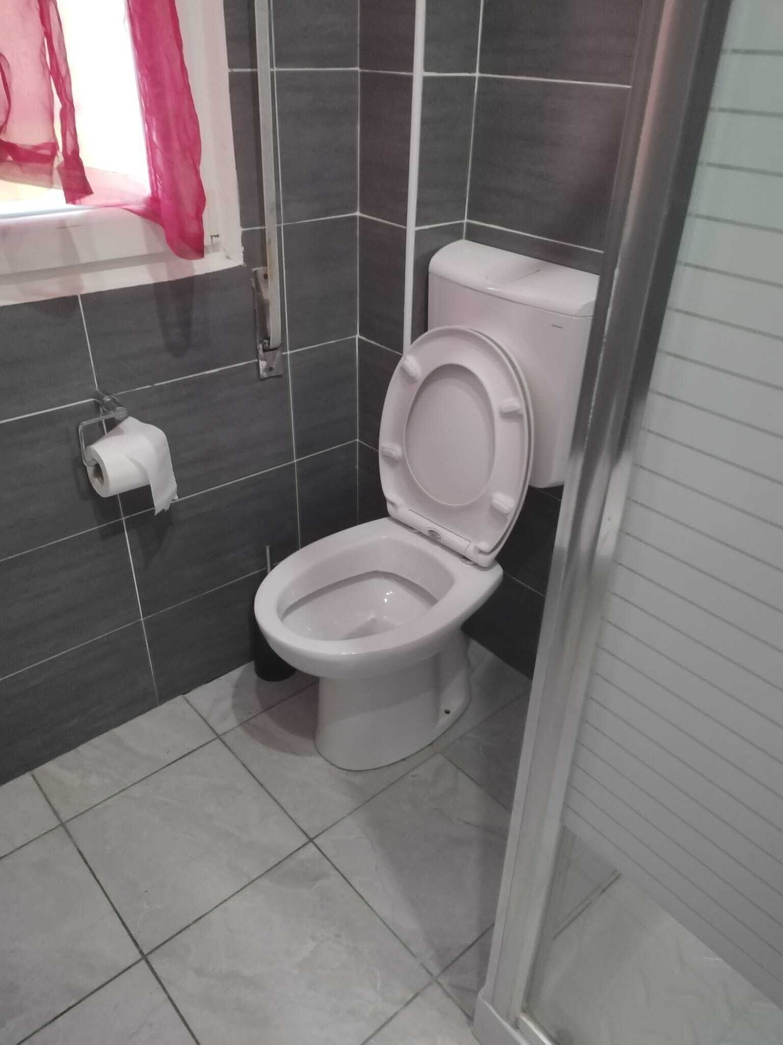 A bathroom with a toilet, a roll of toilet paper, and a window with a red curtain.