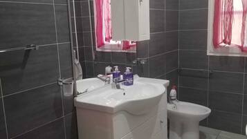 Une salle de bain avec un lavabo blanc, un miroir, des toilettes et un espace douche.