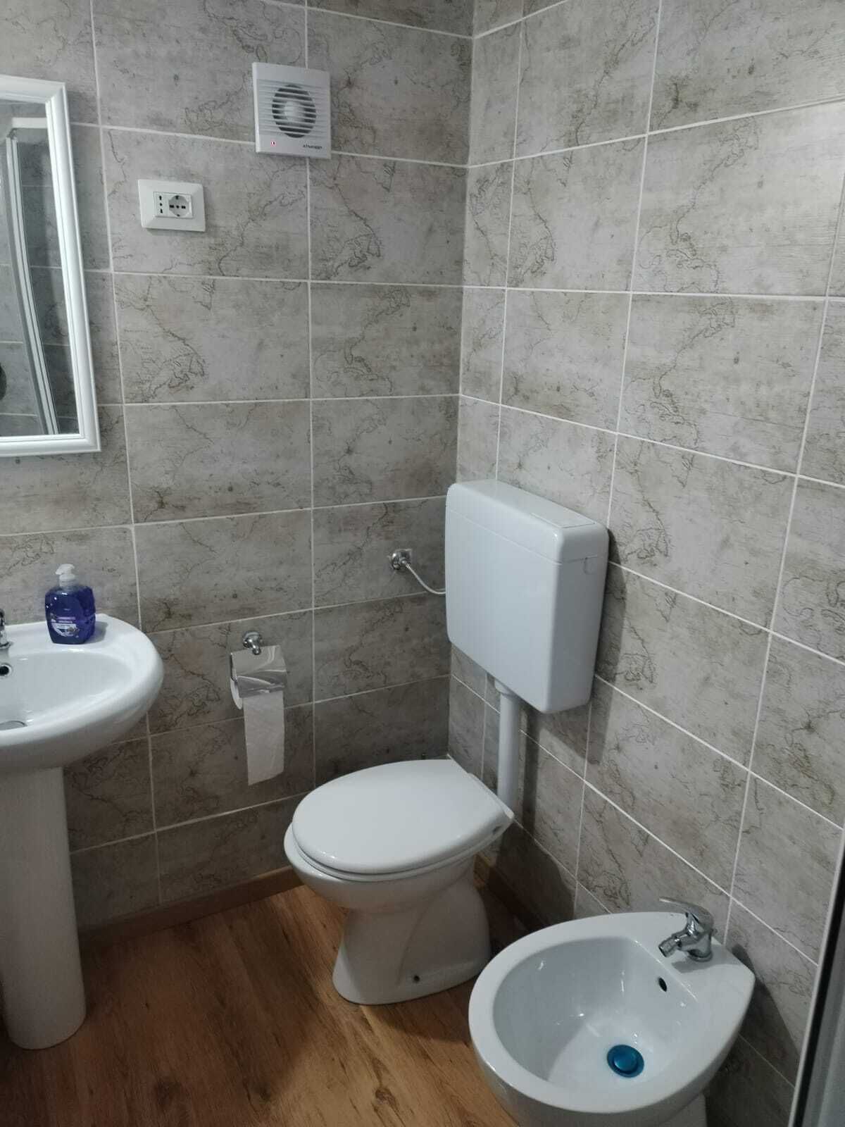 A bathroom with a toilet, bidet, sink, and mirror.