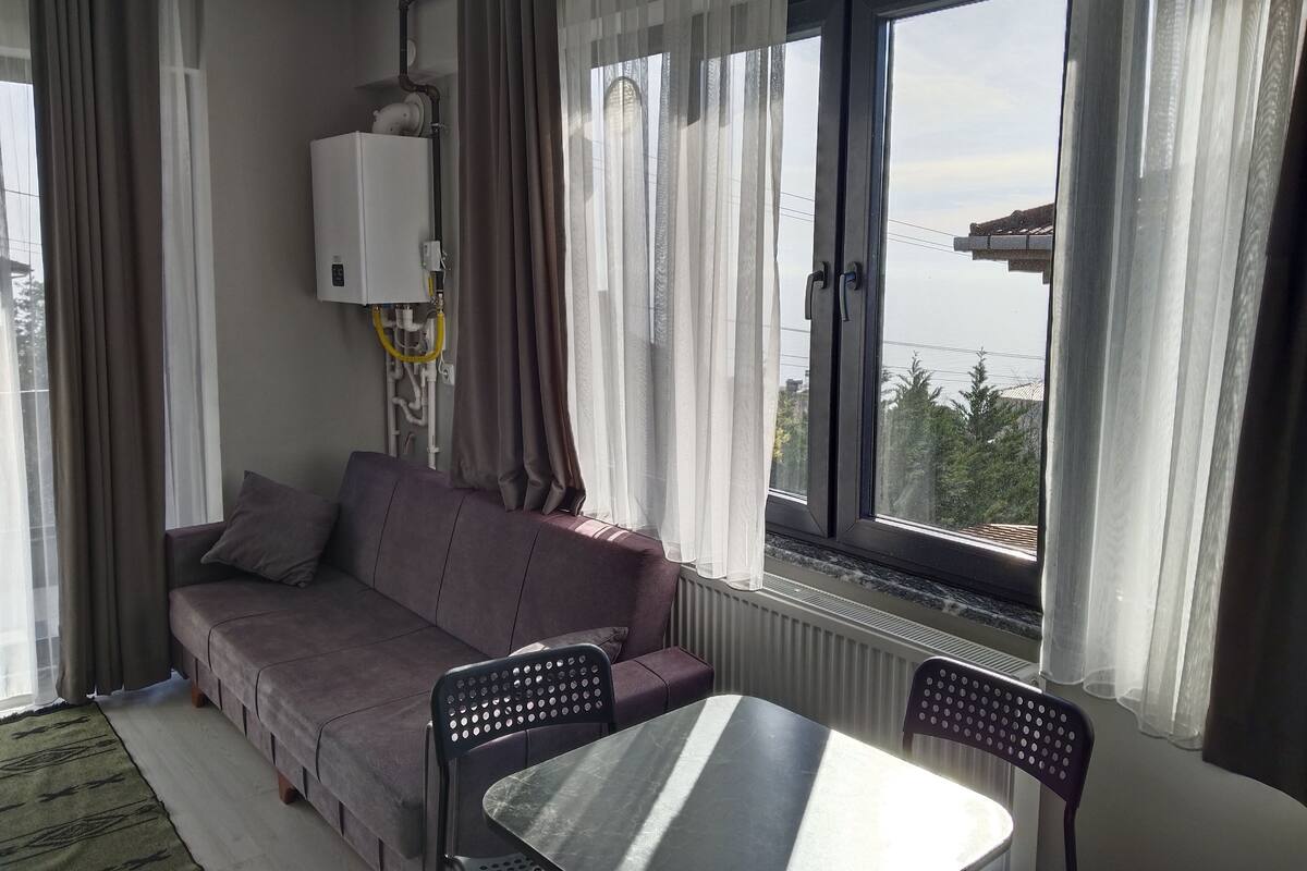A room with a sofa, a table, and a window with curtains.