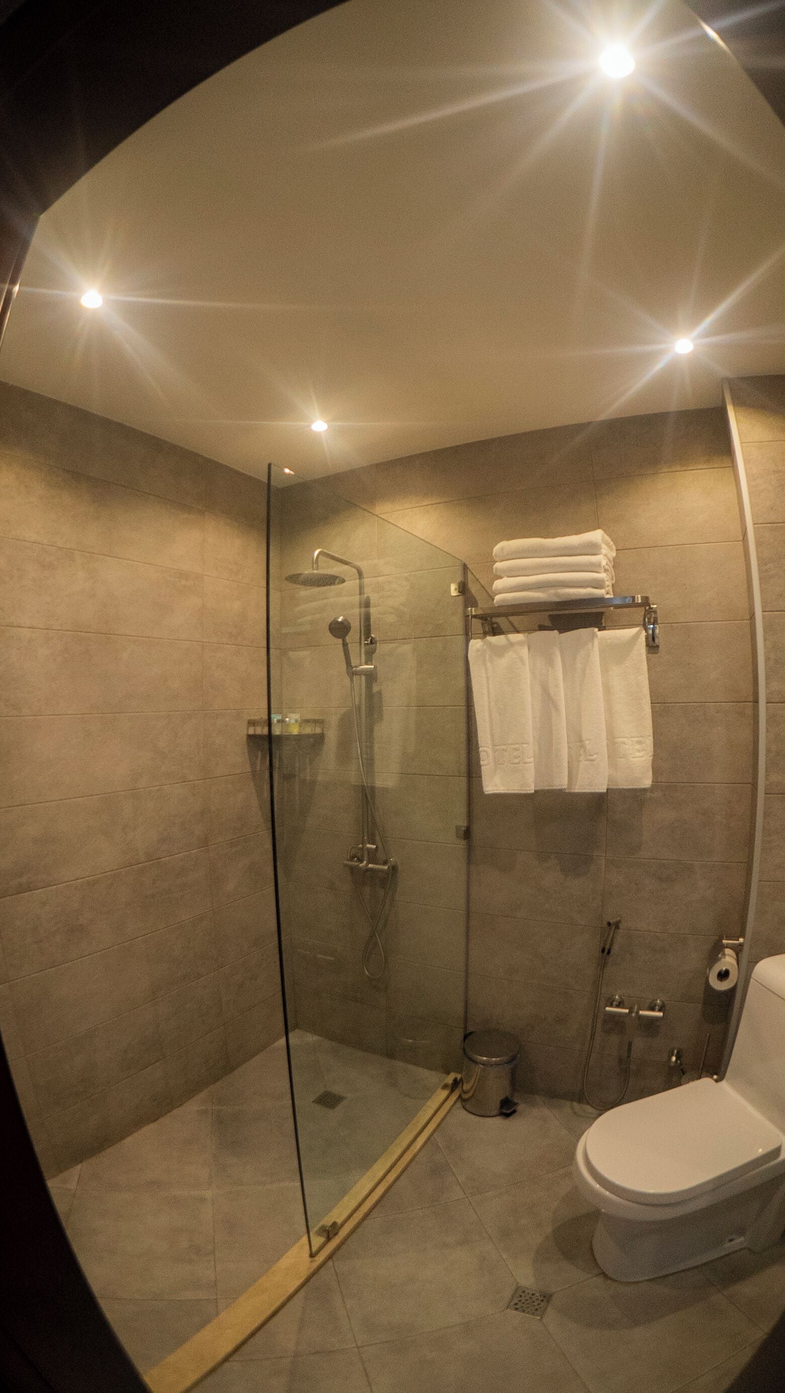 Un baño moderno con ducha de vidrio, inodoro y toallero con toallas dobladas con pulcritud.