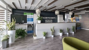Zona de recepción con diseño moderno, que incluye un mostrador de recepción, plantas en macetas y un televisor de pantalla plana grande.