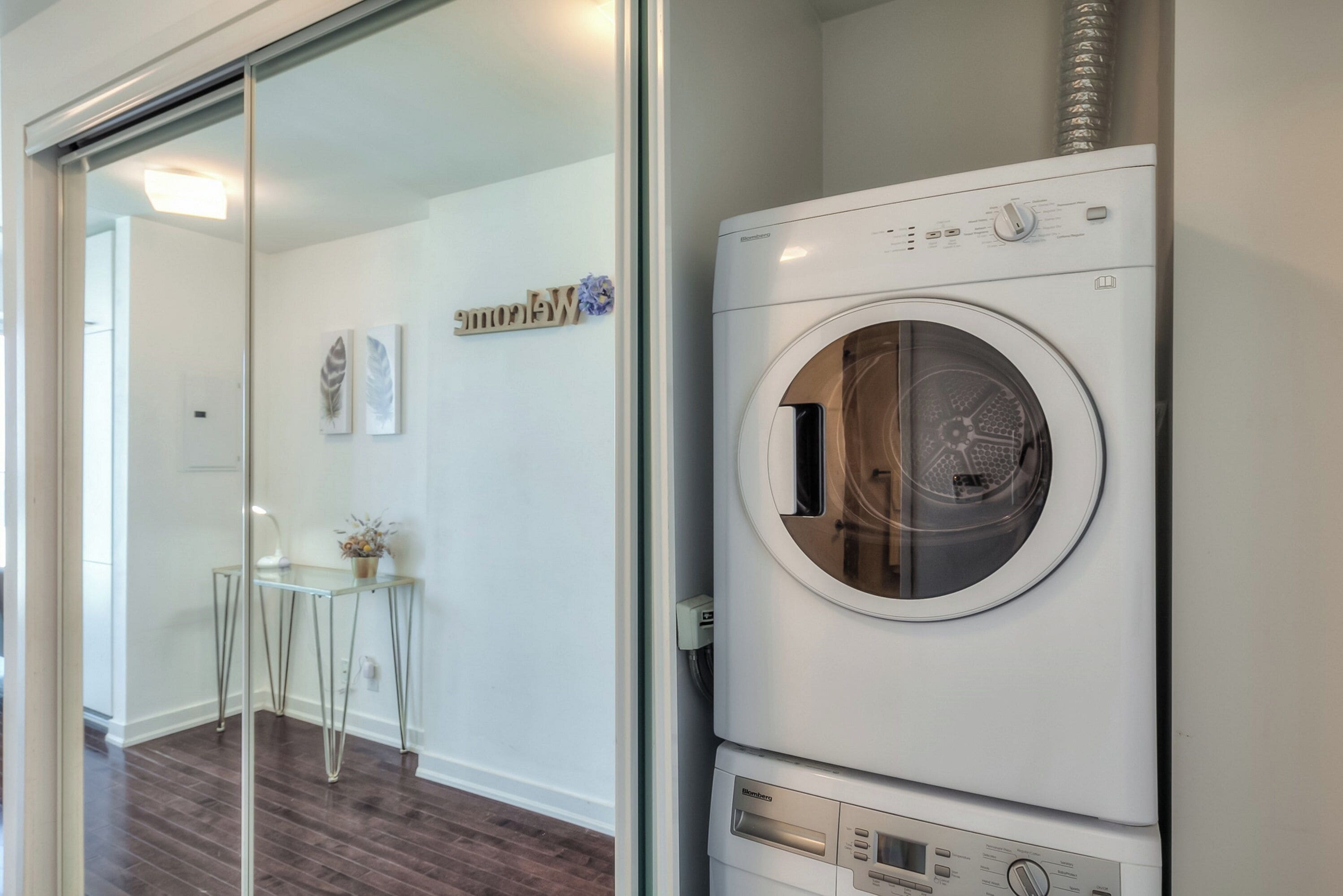 A modern laundry room with a front-loading washer and dryer, a glass door leading to a hallway, and a small table with a plant.
