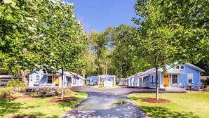 Una hilera de casas azules con un sendero pavimentado en el medio, rodeadas de árboles.