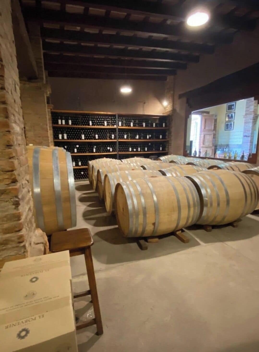 A wine cellar with wooden barrels and shelves of wine bottles.