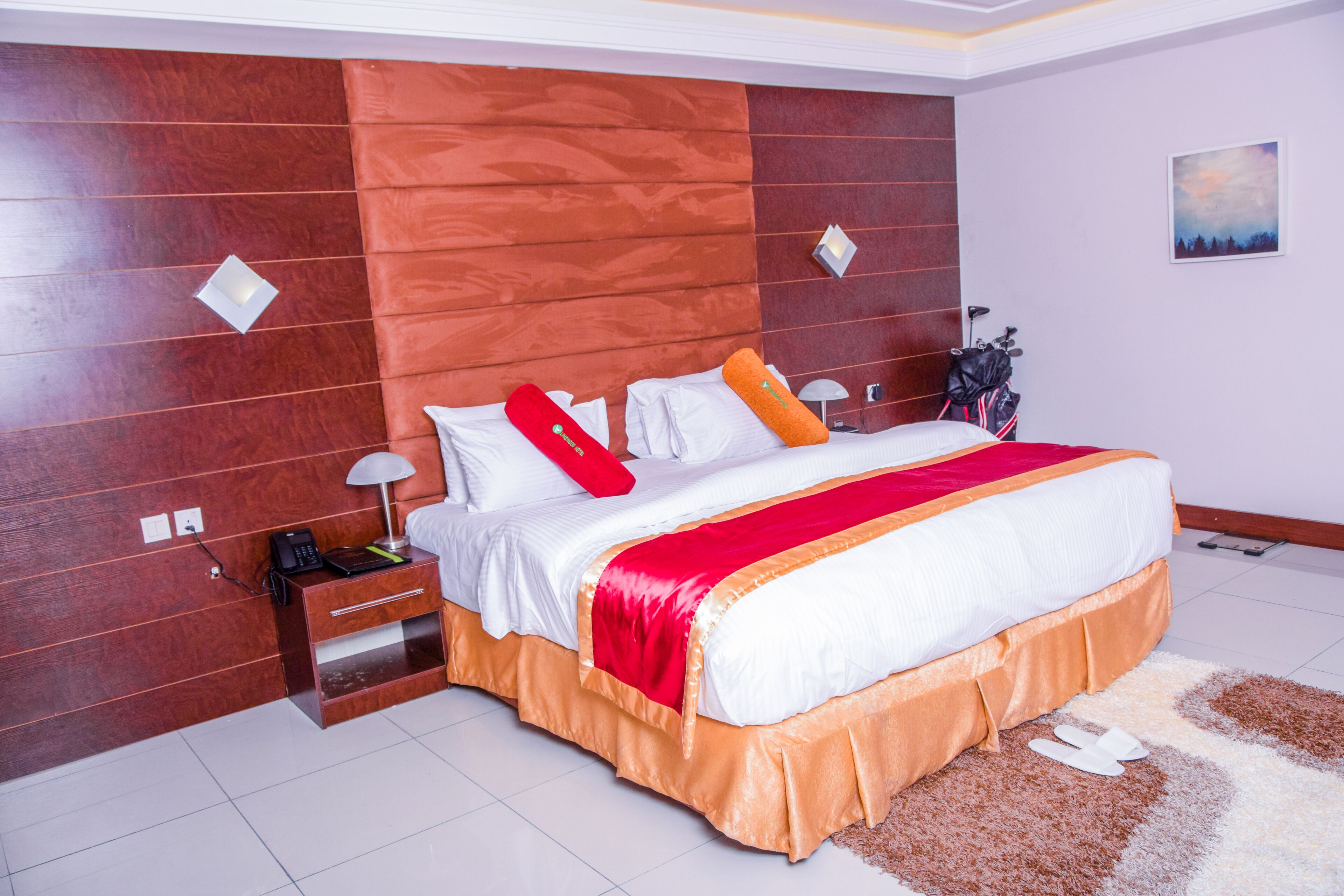 Una habitación de hotel moderna con una cama grande, paneles de madera, una mesita de noche con una lámpara y un bolso de golf en el suelo.