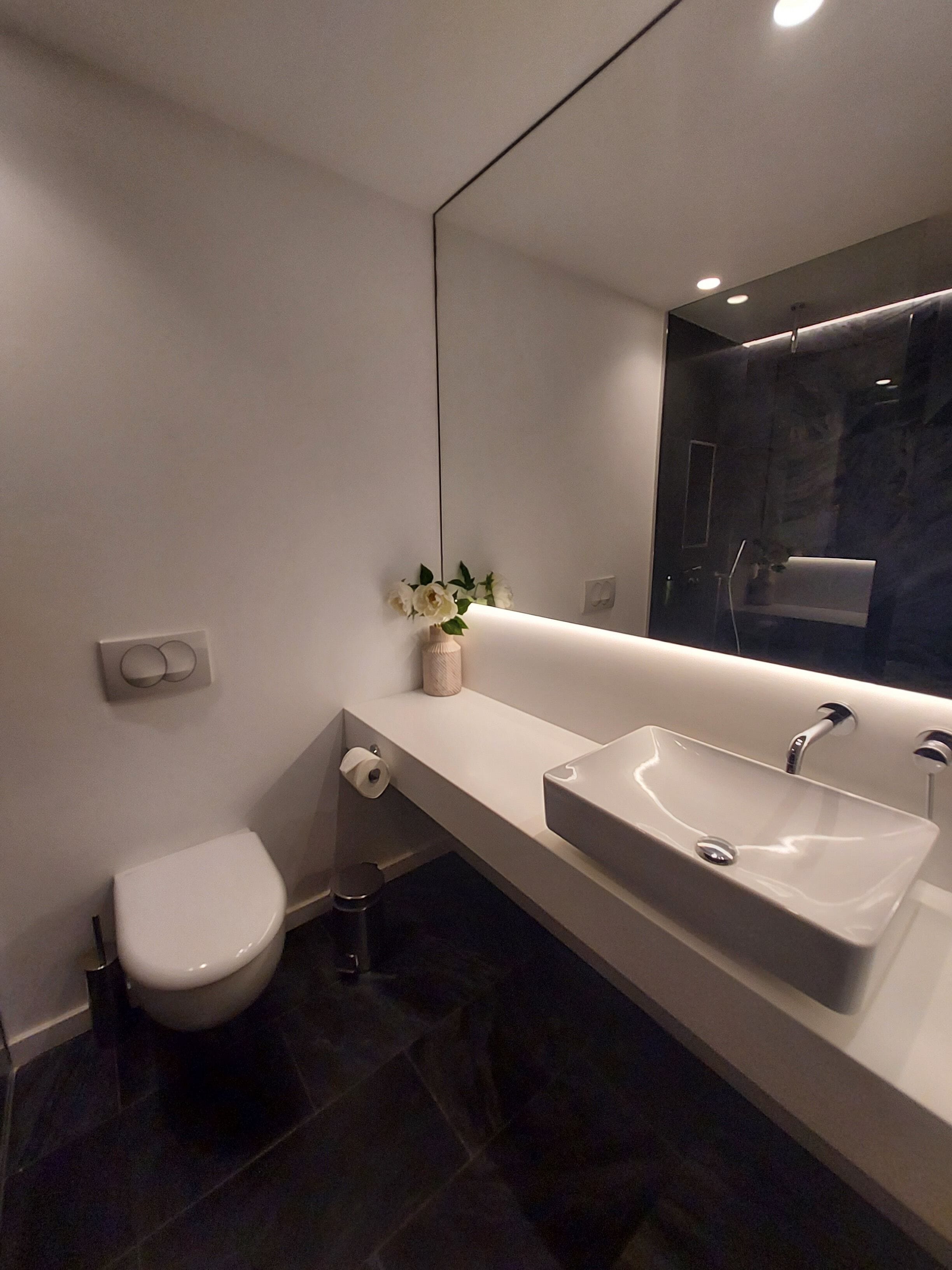 A modern bathroom with a white toilet, a rectangular sink, and a large mirror.