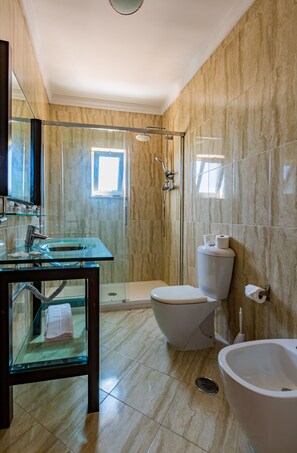 Bidet, towels, soap, toilet paper