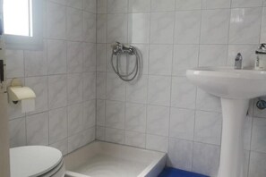 Chuveiro, secador de cabelo, toalhas de banho, sabonete