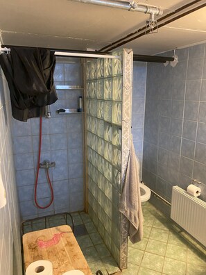 A small bathroom with a shower, a toilet, and a towel rack. - Herregårdshuset AS (Ullensaker)