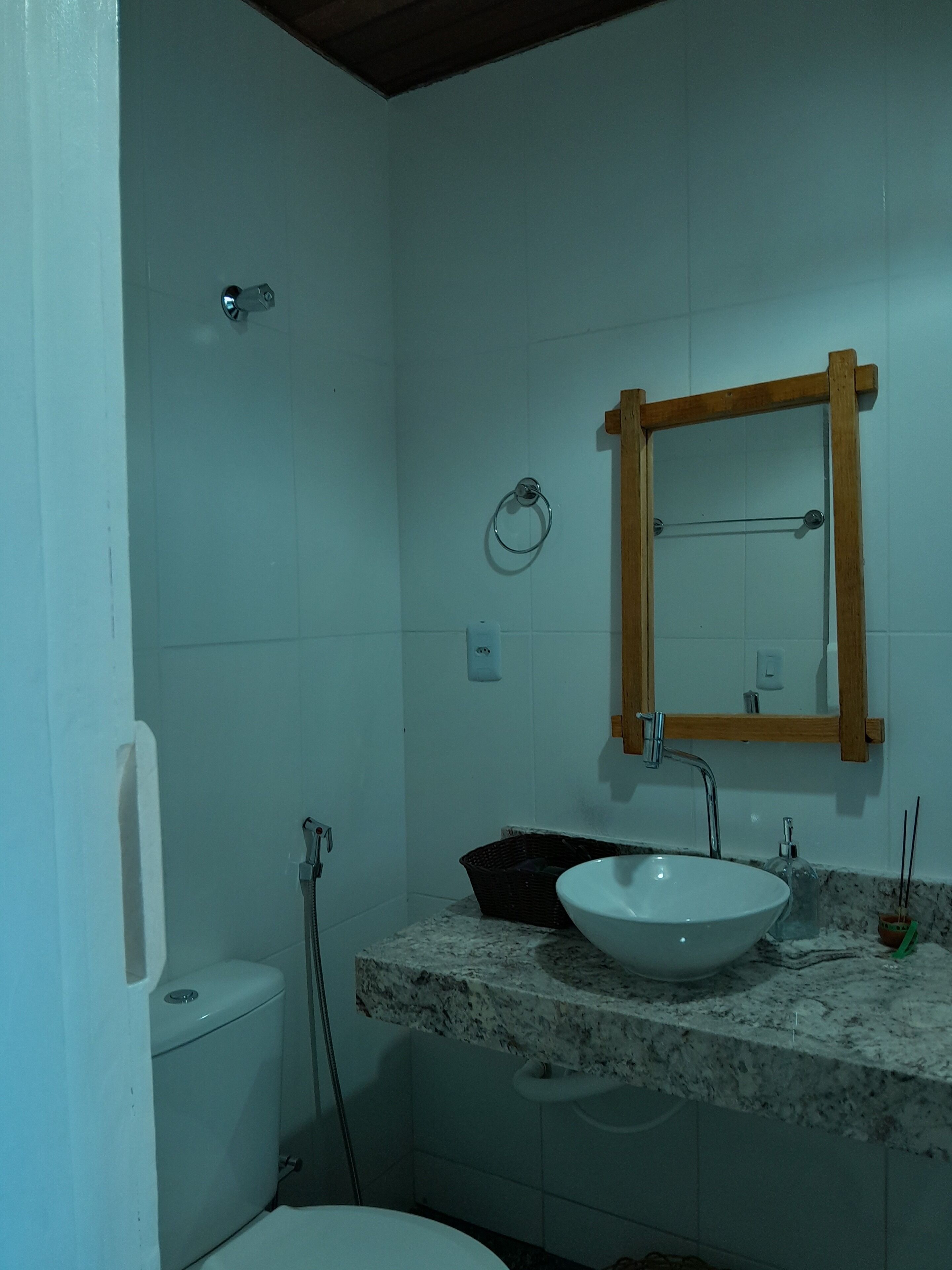 A bathroom with a white sink, a wooden-framed mirror, a towel ring, and a toilet.
