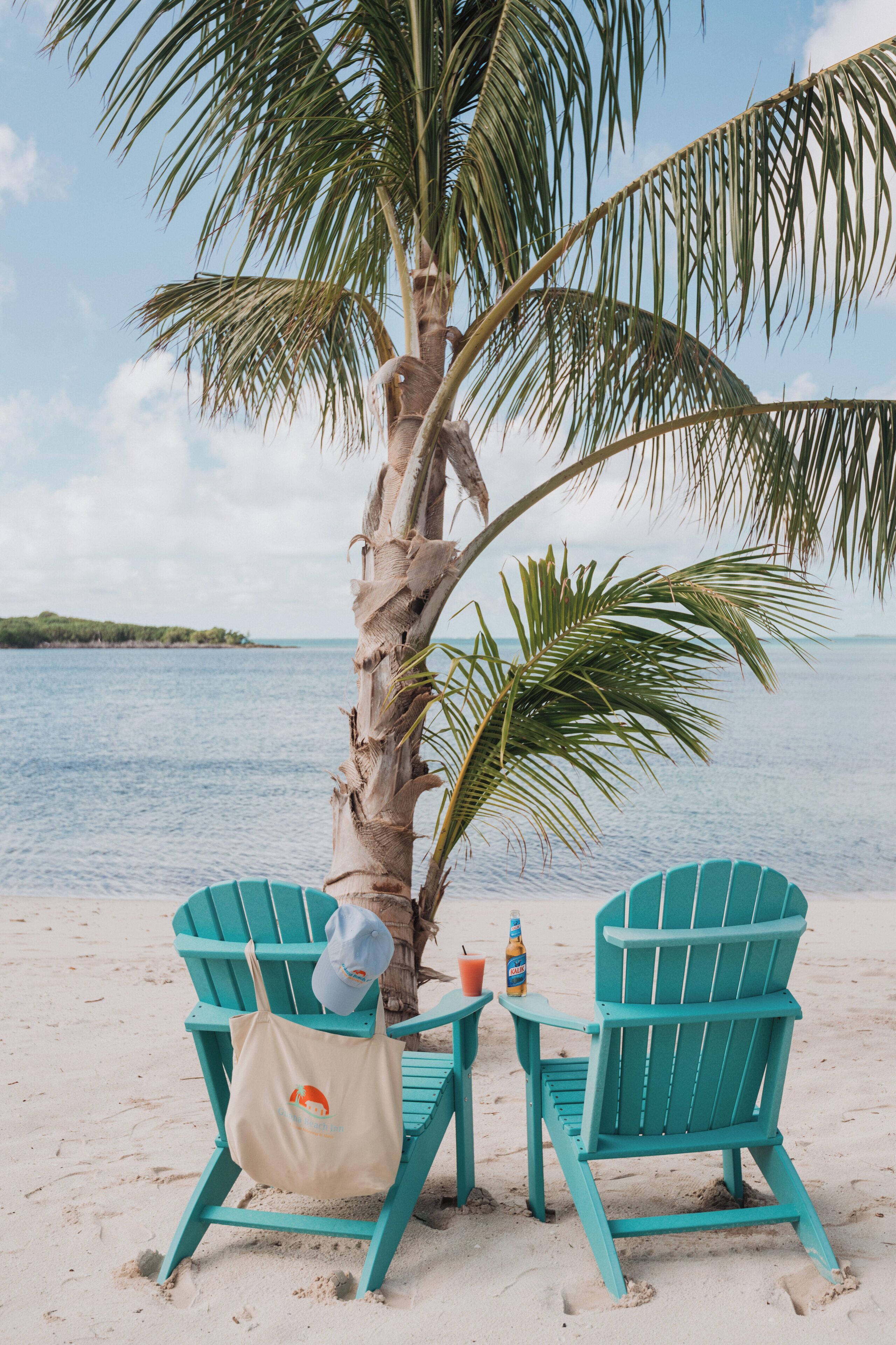 Une scène de plage avec deux chaises turquoise, un palmier et une table sur laquelle se trouvent une boisson et un sac.