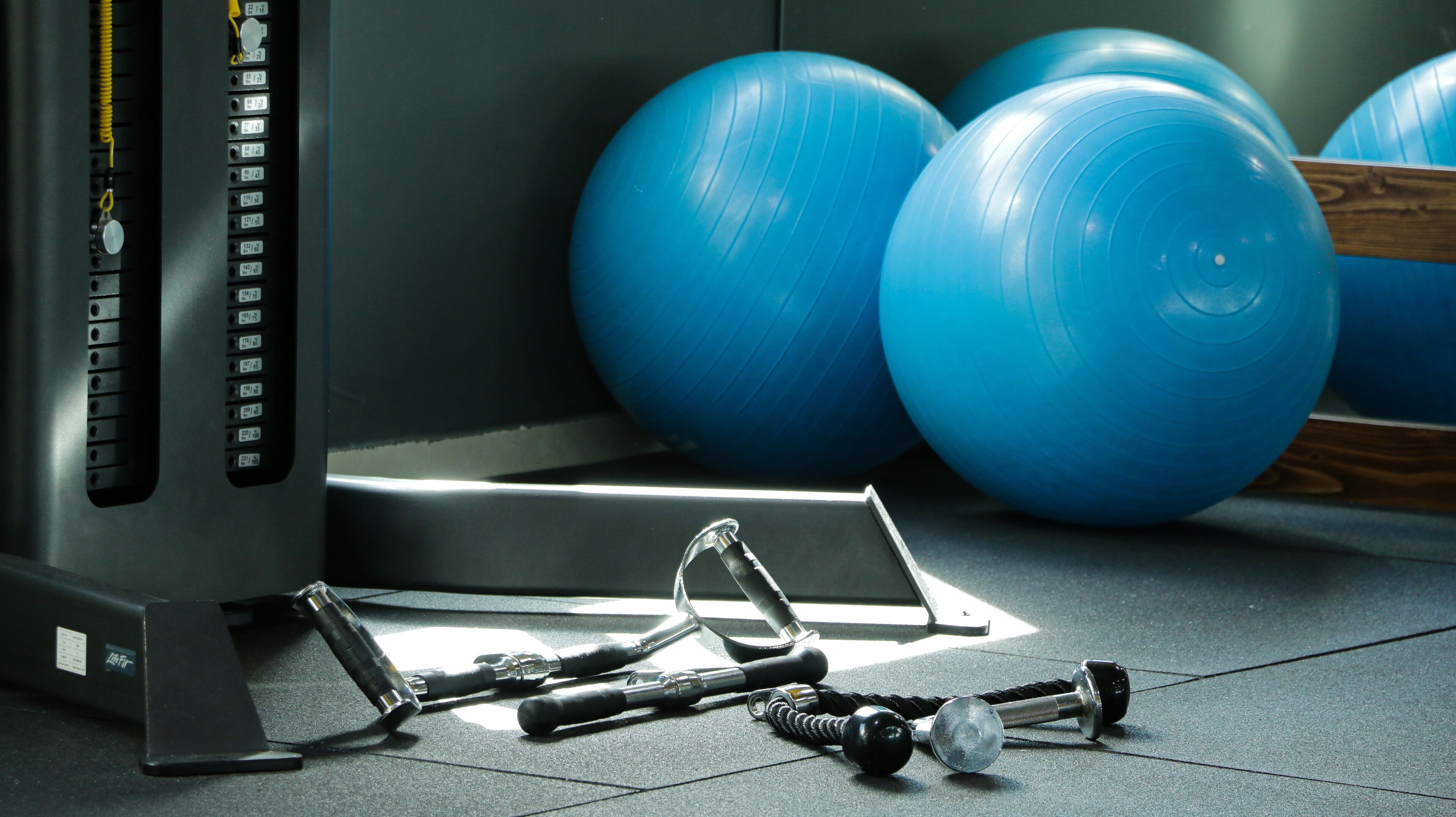 Matériel d’exercice, notamment des haltères et un vélo d’appartement, dans une salle de sport.