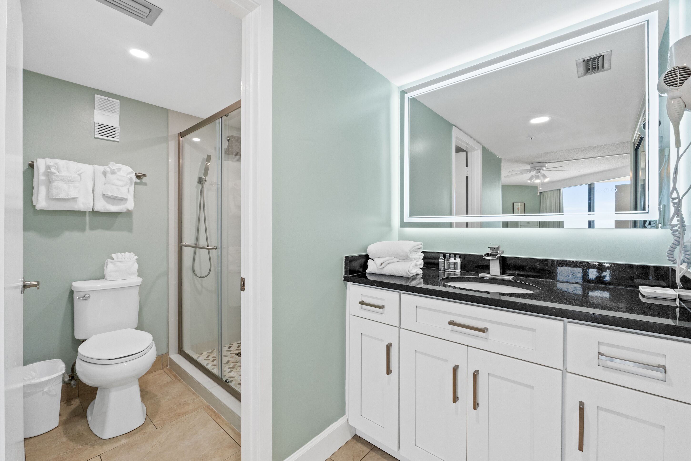 A bathroom with a toilet, shower, and vanity with a mirror.
