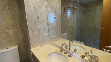 Hair dryer, towels, soap, toilet paper