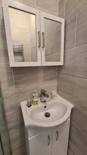 Shower, hair dryer, towels, soap