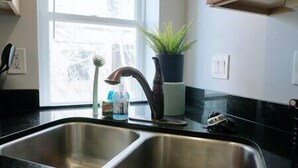 Una cocina con un lavamanos de acero inoxidable doble, un grifo moderno, una planta en maceta y un ventanal que proporciona luz natural.