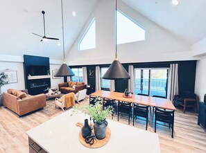 Smart TV, fireplace, foosball