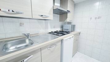 Kühlschrank, Mikrowelle, Herdplatte, Kochgeschirr/Geschirr/Besteck