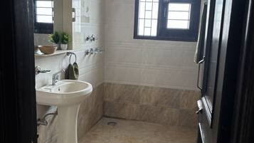 Hair dryer, towels, soap, shampoo