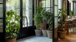 A modern interior with a curved black wall, large glass doors, and potted plants. - Miiro Le Grand Hôtel Cayré (Paris)