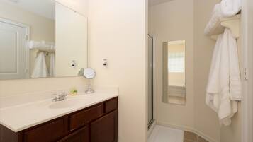 Hair dryer, bidet, towels, soap