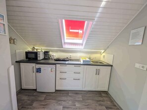 Fridge, microwave, stovetop, cookware/dishes/utensils