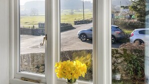 A window with a view of a rural road and parked cars, a stone wall, and a vase with yellow flowers on a windowsill.