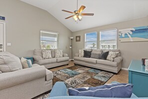 House, Multiple Beds, Pool Access, Pool View (Latitude Adjustment) | Living area | 42-inch flat-screen TV with digital channels - Latitude Adjustment - Private Pool/elevator! (Port Aransas)