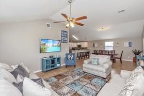 House, Multiple Beds, Pool Access, Pool View (Latitude Adjustment) | Living area | 42-inch flat-screen TV with digital channels - Latitude Adjustment - Private Pool/elevator! (Port Aransas)