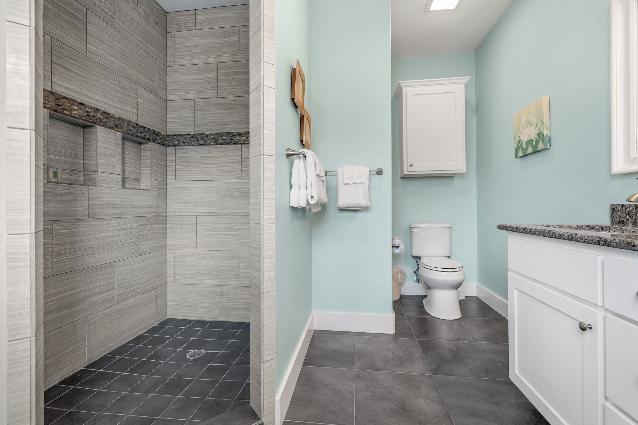 A modern bathroom with a shower, toilet, and vanity.