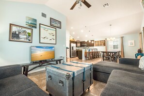 House, Multiple Beds, Pool Access, Ocean View (Boogie Board Bungalow) | Living area | 42-inch flat-screen TV with digital channels - Boogie Board Bungalow - Pet Friendly! Private Pool! (Port Aransas)