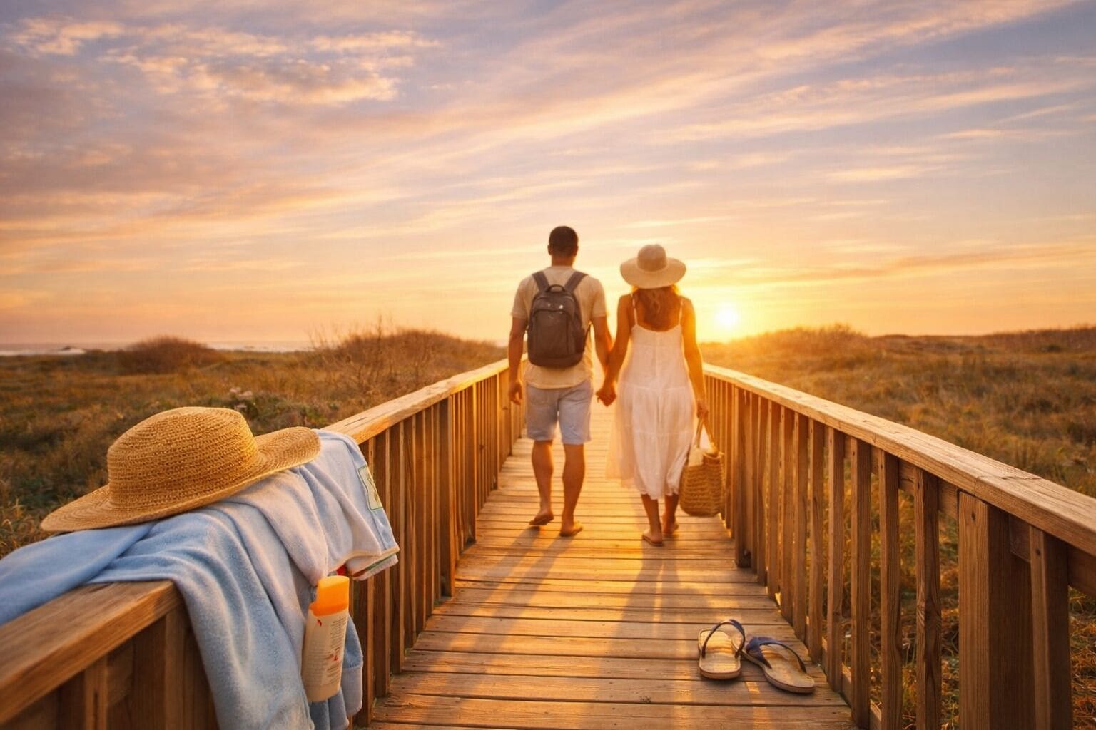 A wooden boardwalk leading to a sunset, with a couple walking.
