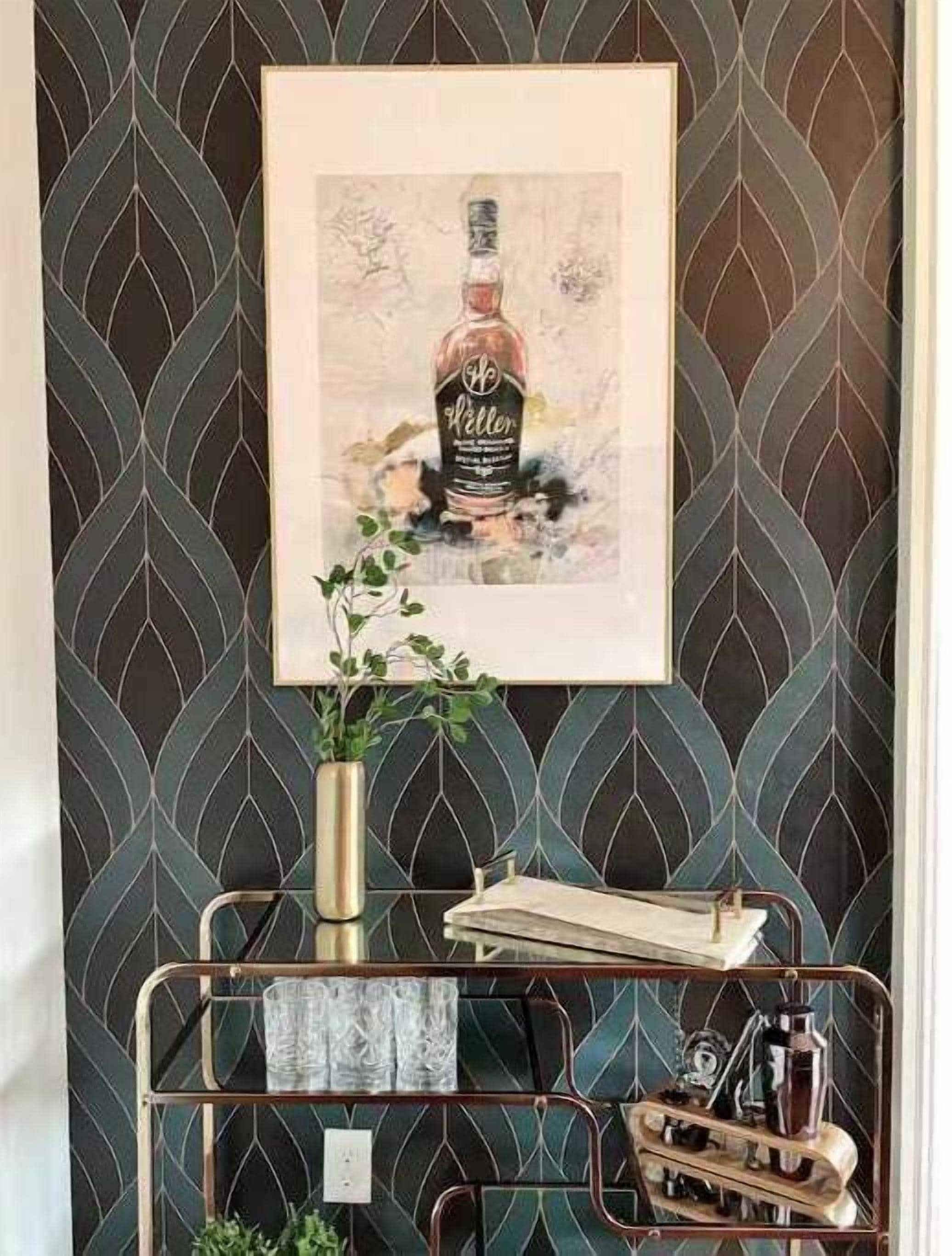  Elegant bar cart with bourbon-themed art and glassware