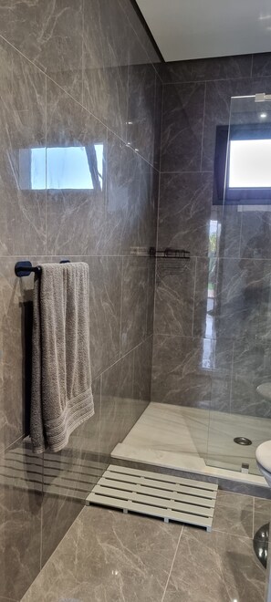 Ducha, secador de pelo, toallas, jabón