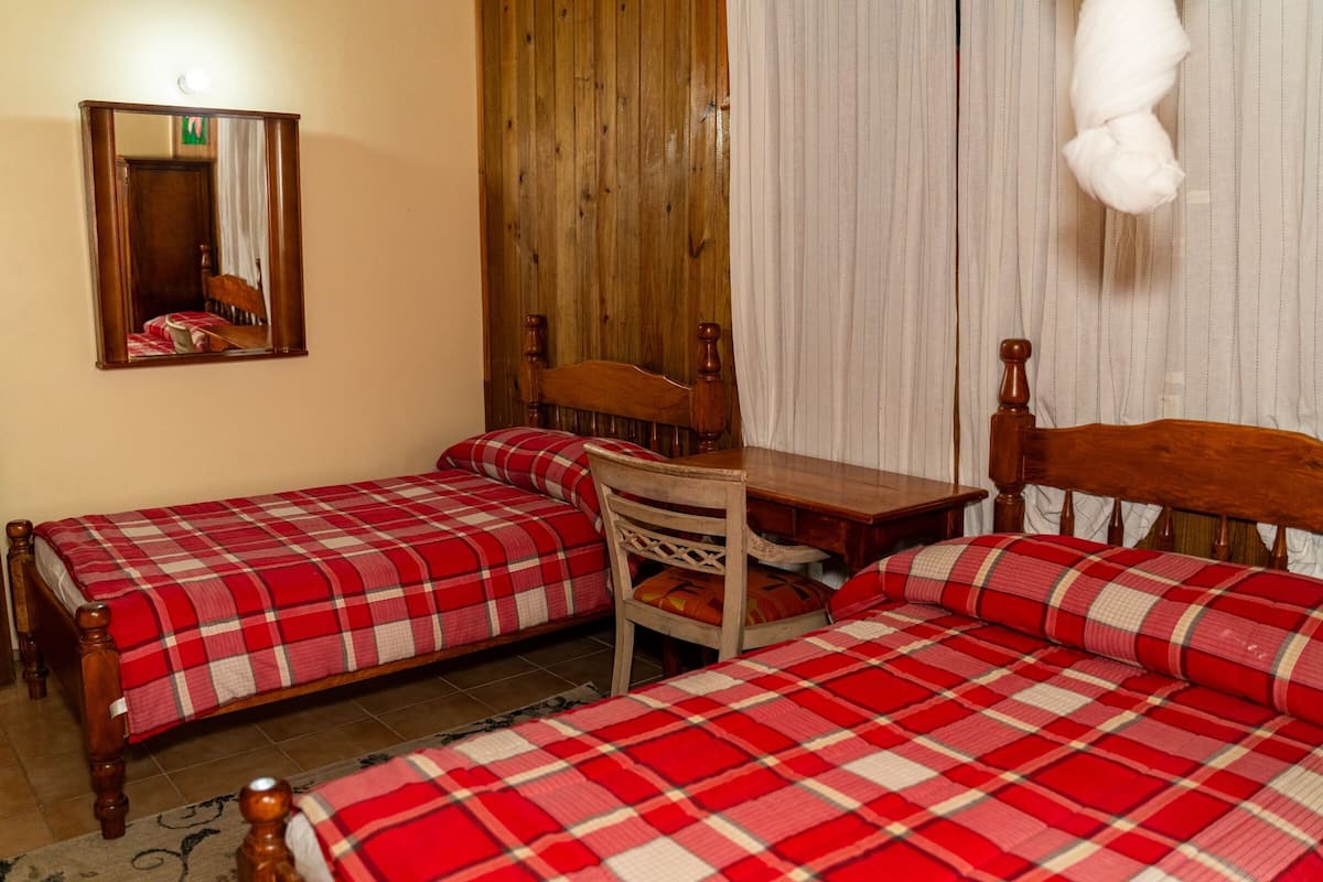A bedroom with two single beds, a wooden desk, and a chair.