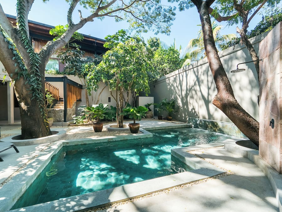 Outdoor pool, pool umbrellas, sun loungers