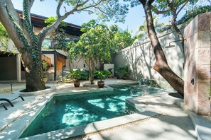 Una piscina con borde de piedra, rodeada de plantas en macetas y árboles.
